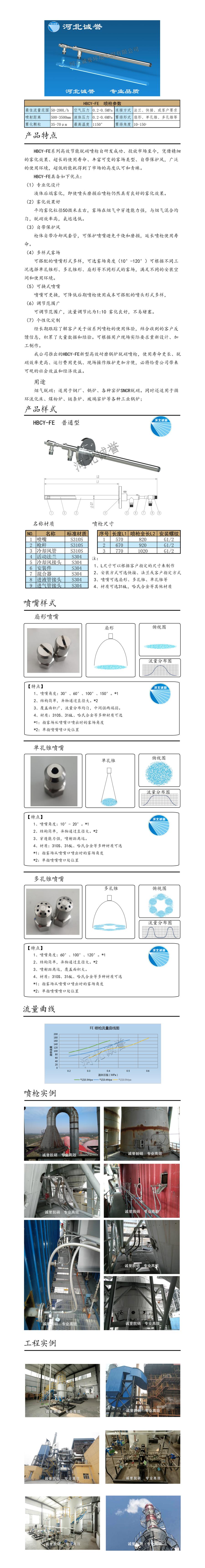 電廠脫硝噴槍保護(hù)套、噴槍參數(shù)、材質(zhì)尺寸、流量分布圖、扇形空心錐俯視圖介紹，以及噴槍霧化視頻展示和工程案例介紹